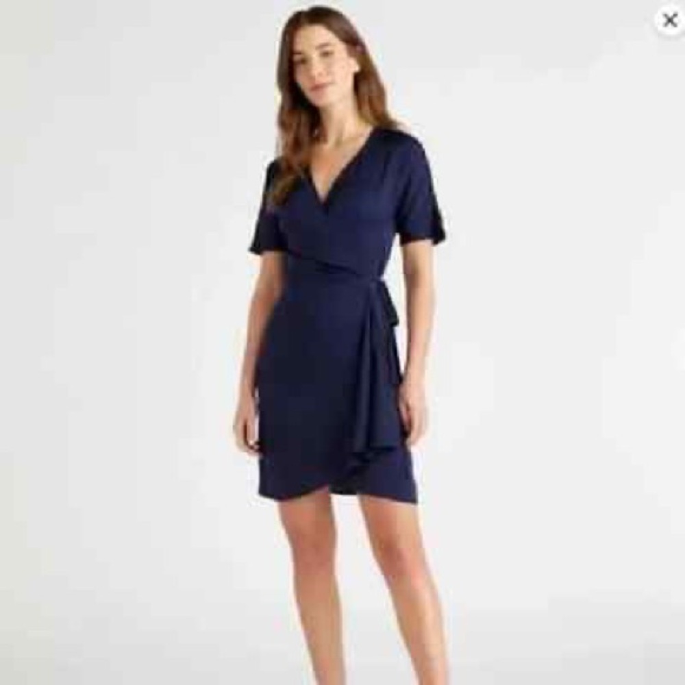Quince Navy Wrap Short Sleeve Dress